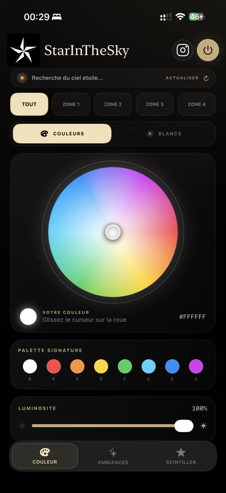 Sélection des couleurs dans l’application StarInTheSky
